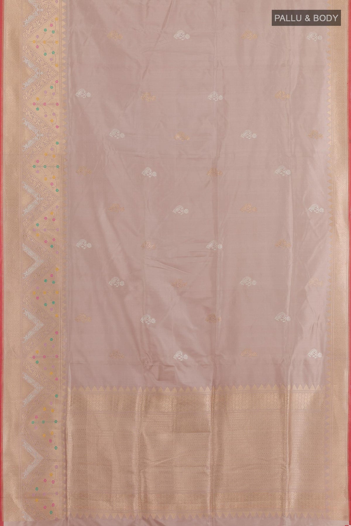 Flat view of Beige Banarasi Silk Saree with Zari Butta on the body and Zari Border. 