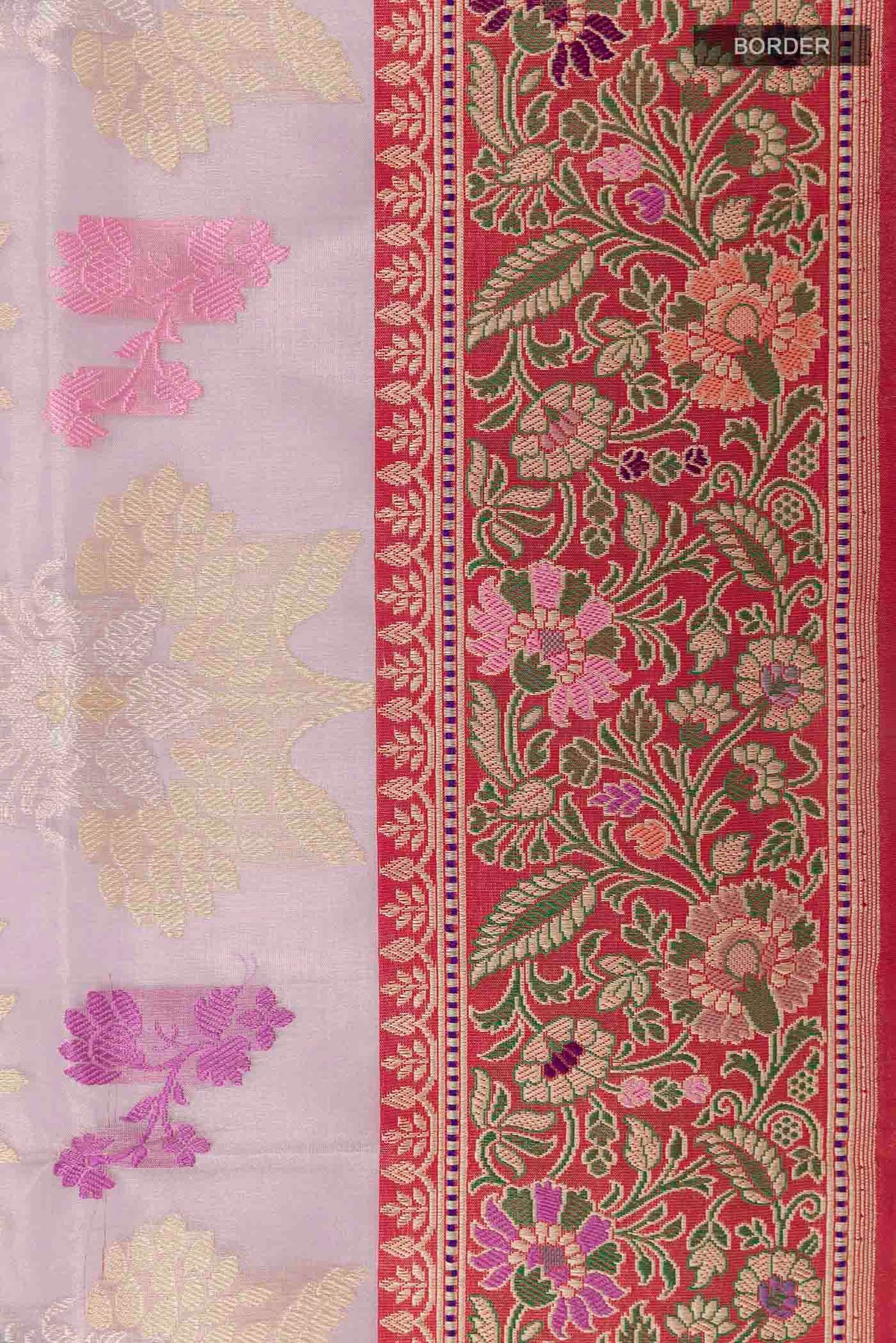 Border image of Lavender Banarasi Kora Silk Saree with Zari Brocade on the body and Zari Border