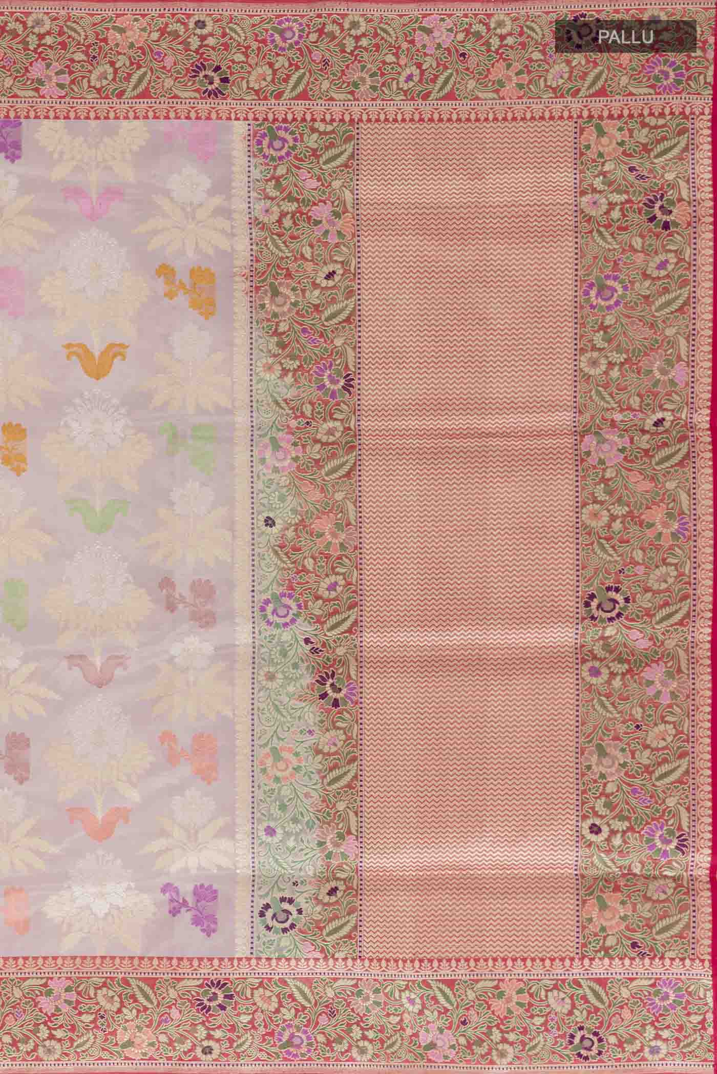 Close up image of the pallu of Lavender Banarasi Kora Silk Saree with Zari Brocade on the body and Zari Border