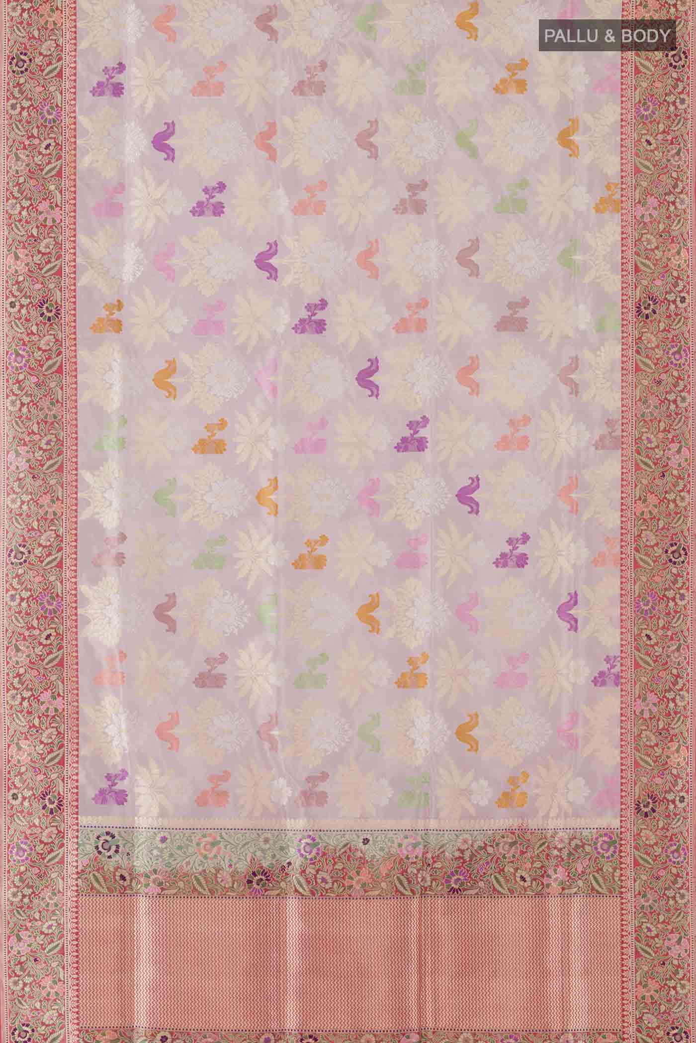Flat view of Lavender Banarasi Kora Silk Saree with Zari Brocade on the body and Zari Border