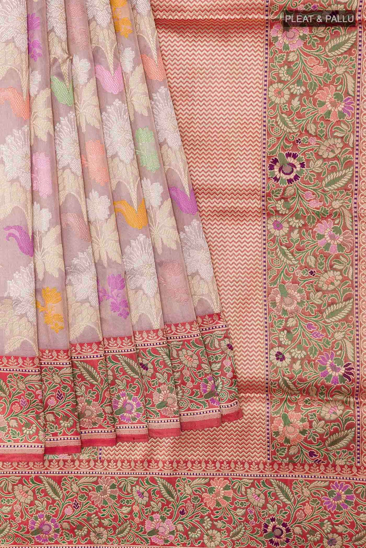 Pleats and pallu of Lavender Banarasi Kora Silk Saree with Zari Brocade on the body and Zari Border