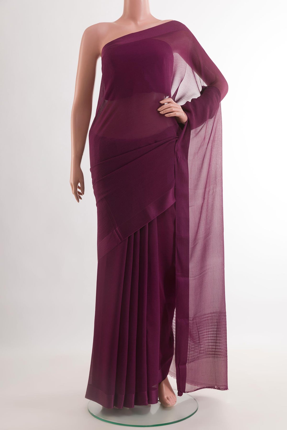 Purple Mysore Chiffon Saree with Plain Body and Zari Border.  displayed on a mannequin