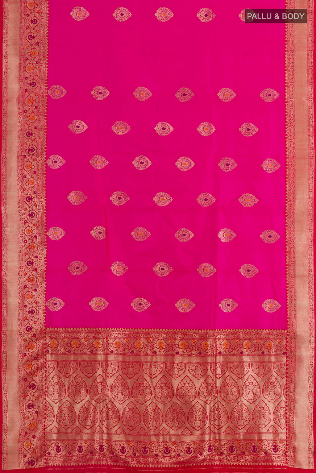 Flat view of Pink Banarasi Katan Silk Saree with Zari Butta on the body and Zari Border. 