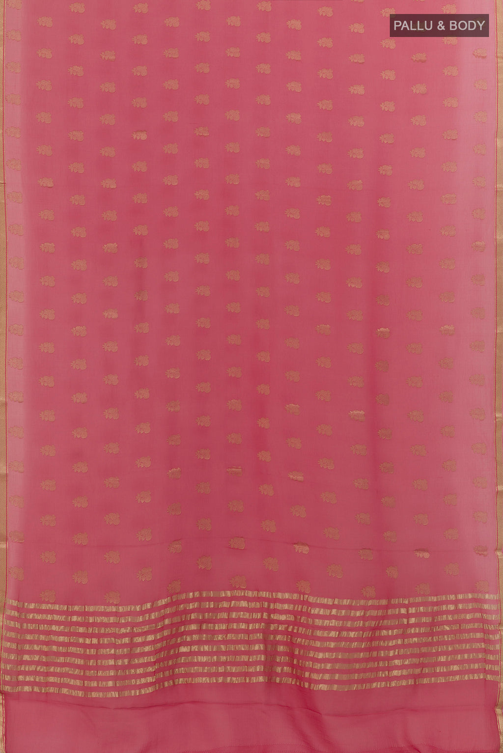 Flat view of Pink Mysore Chiffon Saree with Zari Butta on the body and Zari Border. 