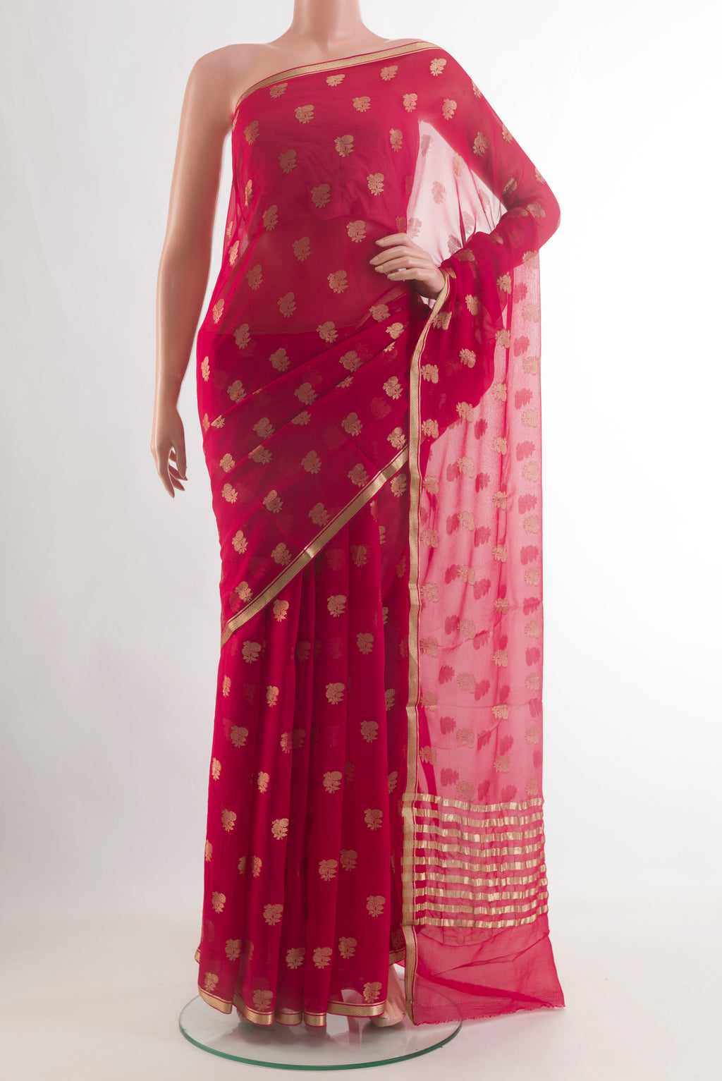 Pink Mysore Chiffon Saree with Stripes on the body and Zari Border.  displayed on a mannequin