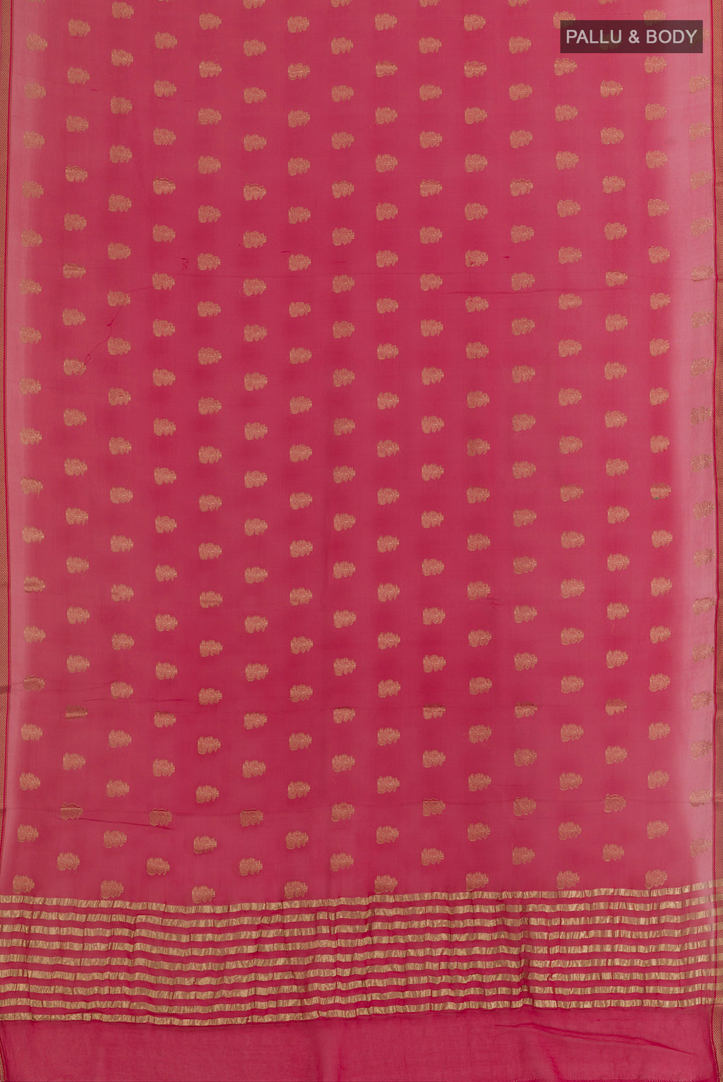 Flat view of Pink Mysore Chiffon Saree with Stripes on the body and Zari Border. 