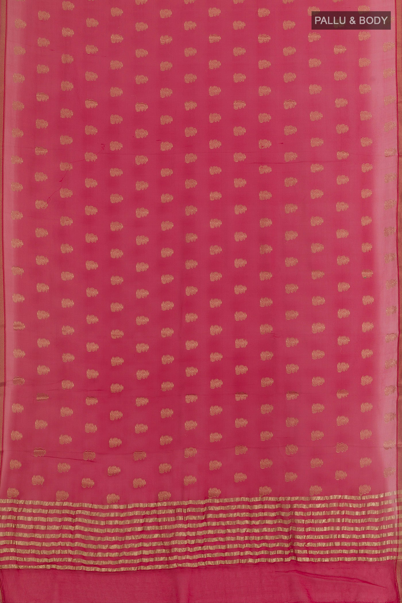 Flat view of Pink Mysore Chiffon Saree with Stripes on the body and Zari Border. 