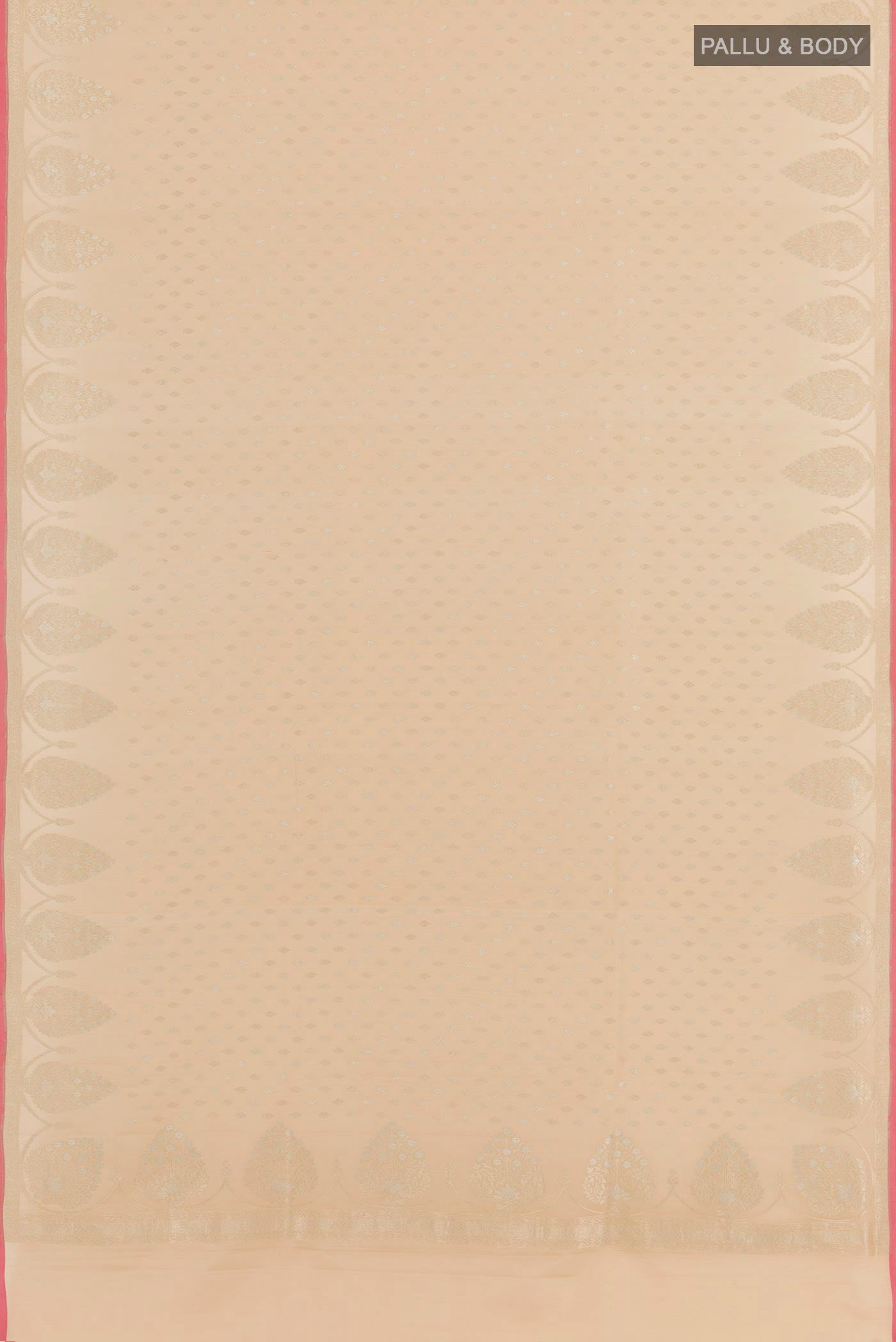 Flat view of Beige Banarasi Katan Silk Saree with Zari Butta on the body and Zari Border. 