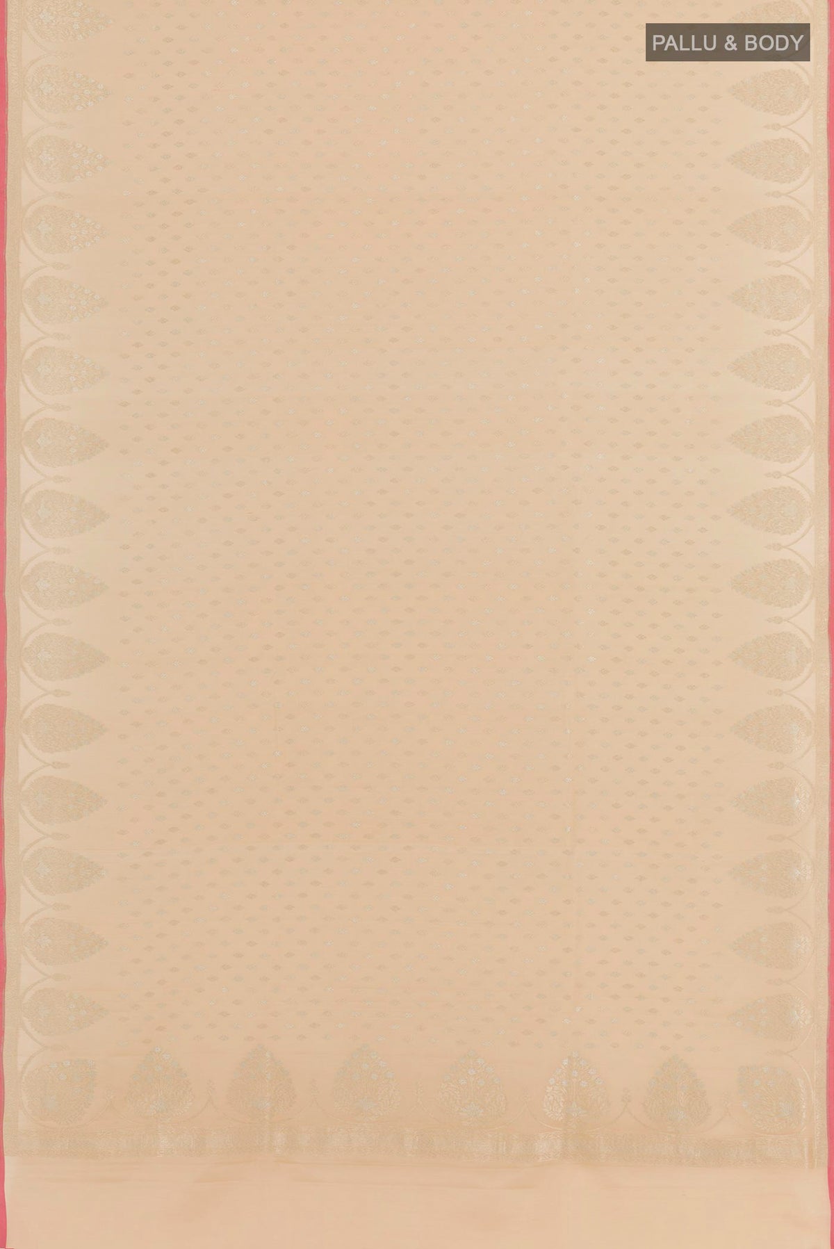 Flat view of Beige Banarasi Katan Silk Saree with Zari Butta on the body and Zari Border. 