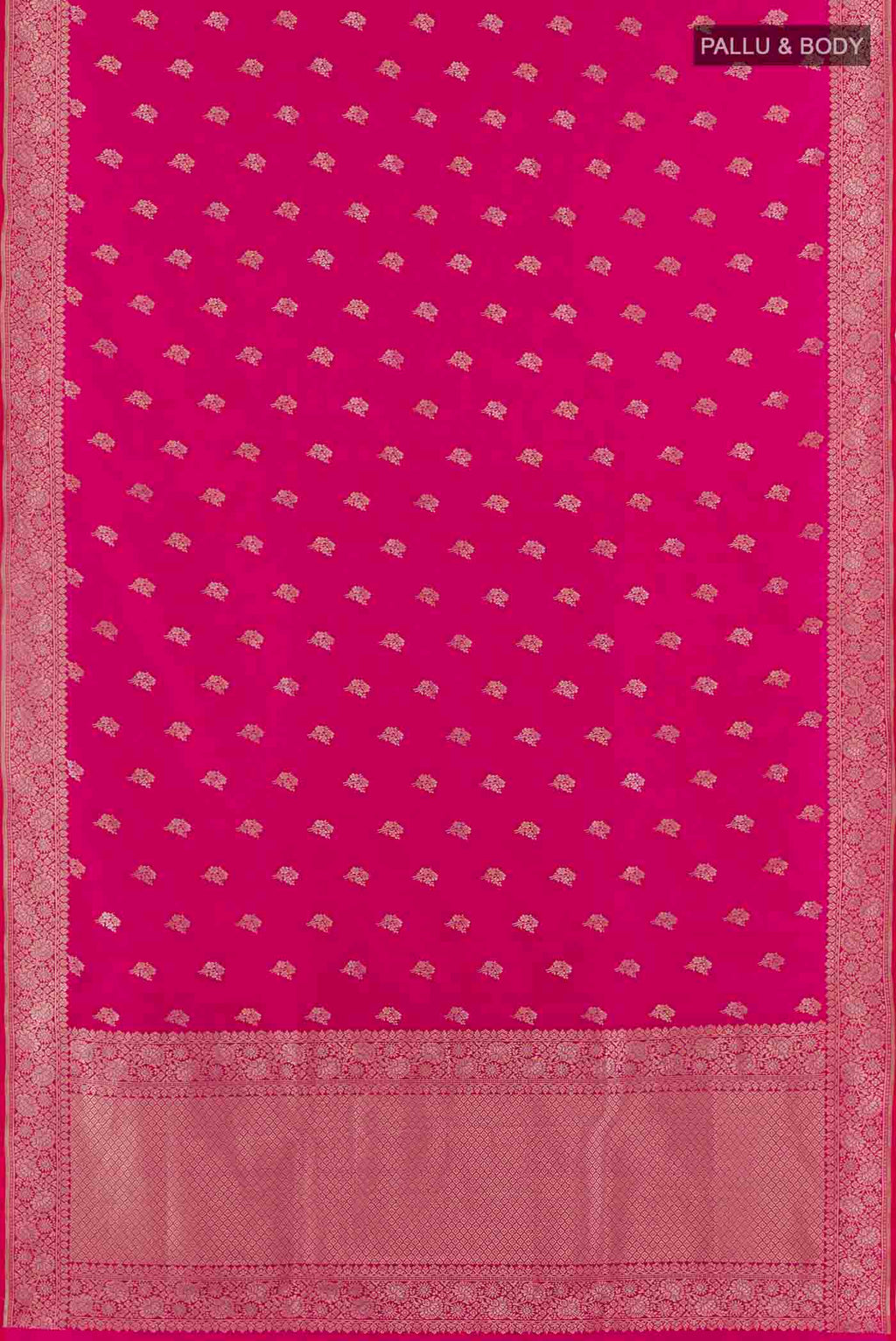 Flat view of Pink Banarasi Silk Saree with Zari Butta on the body and Zari Border