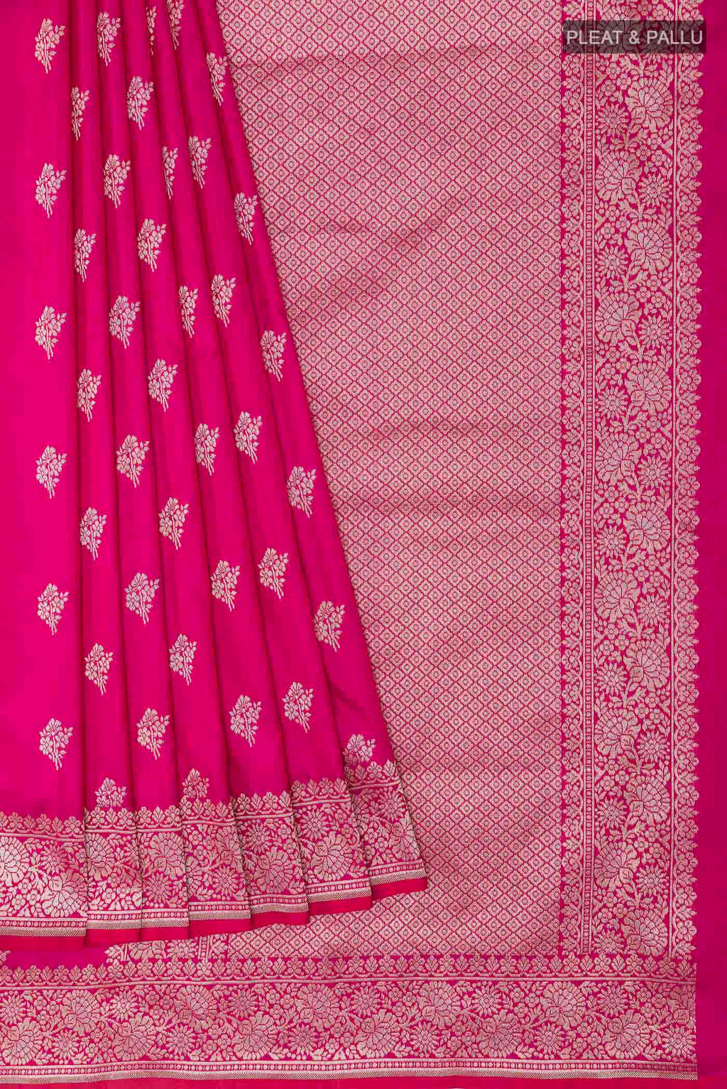 Pleats and pallu of Pink Banarasi Silk Saree with Zari Butta on the body and Zari Border