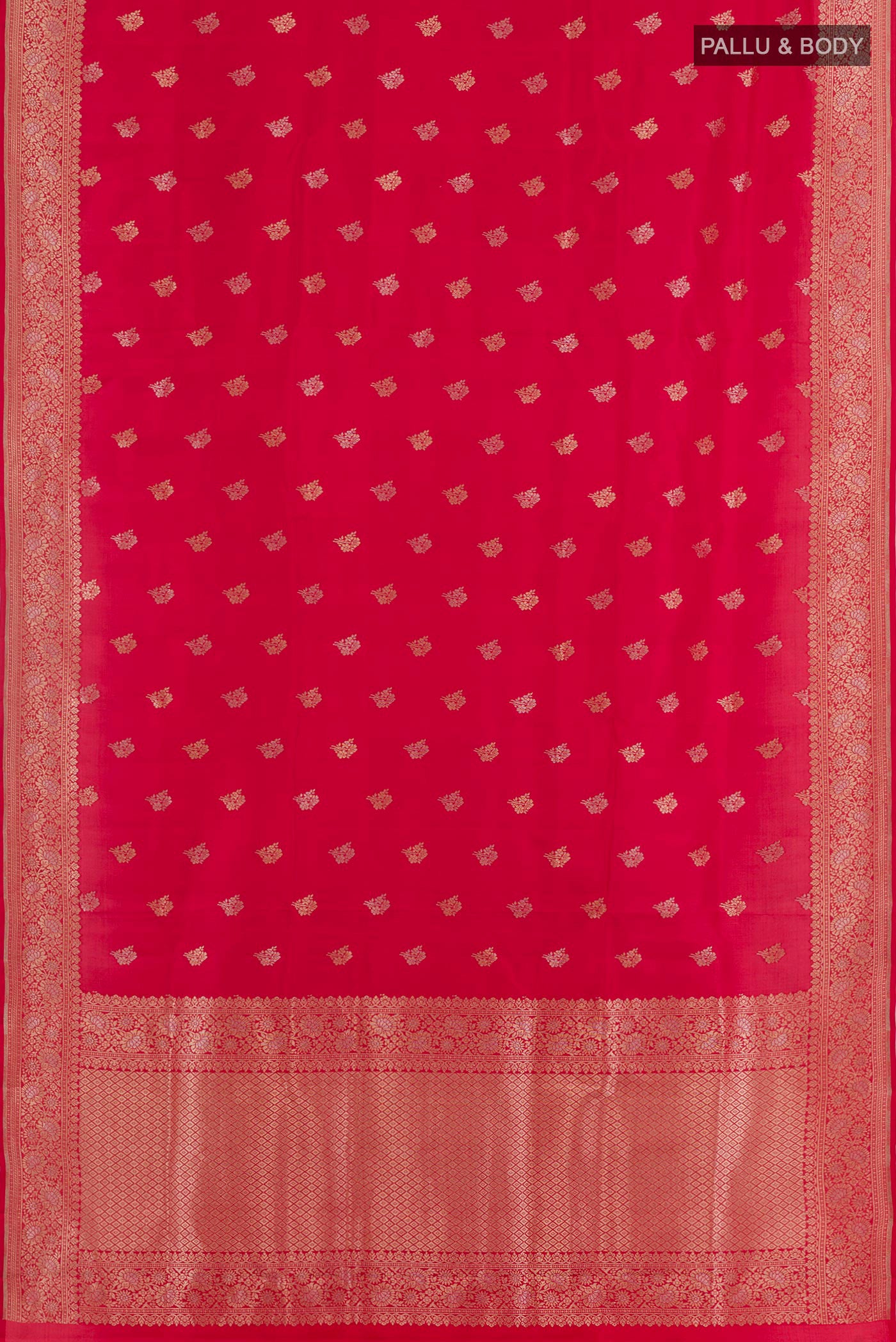Flat view of Red Banarasi Katan Silk Saree with Zari Butta on the body and Zari Border. 