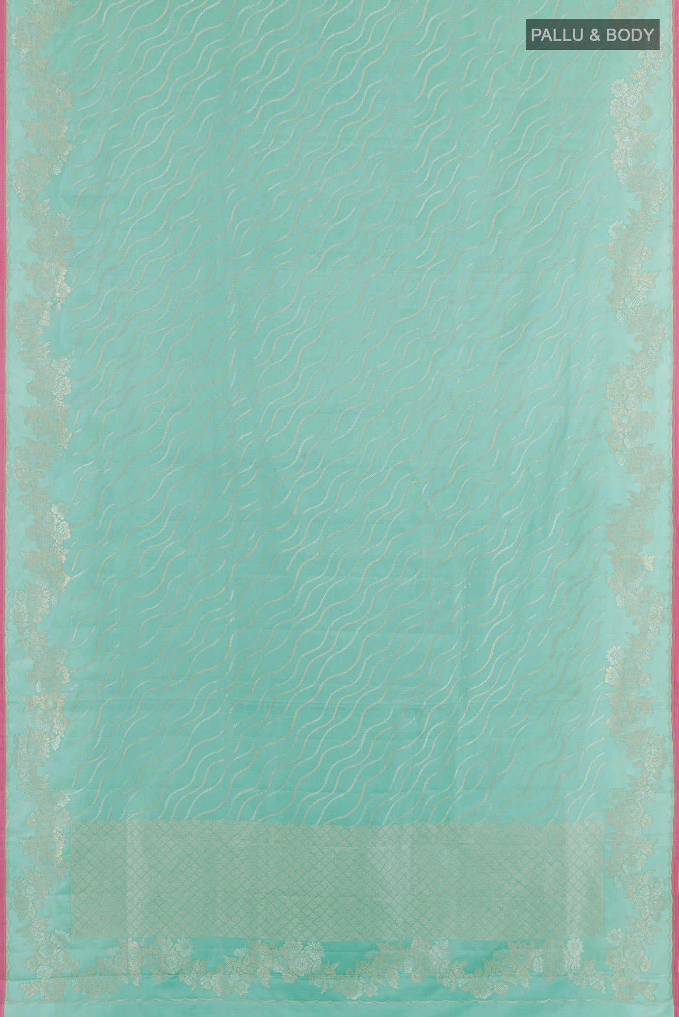 Flat view of Blue Banarasi Katan Silk Saree with Stripes on the body and Zari Border. 