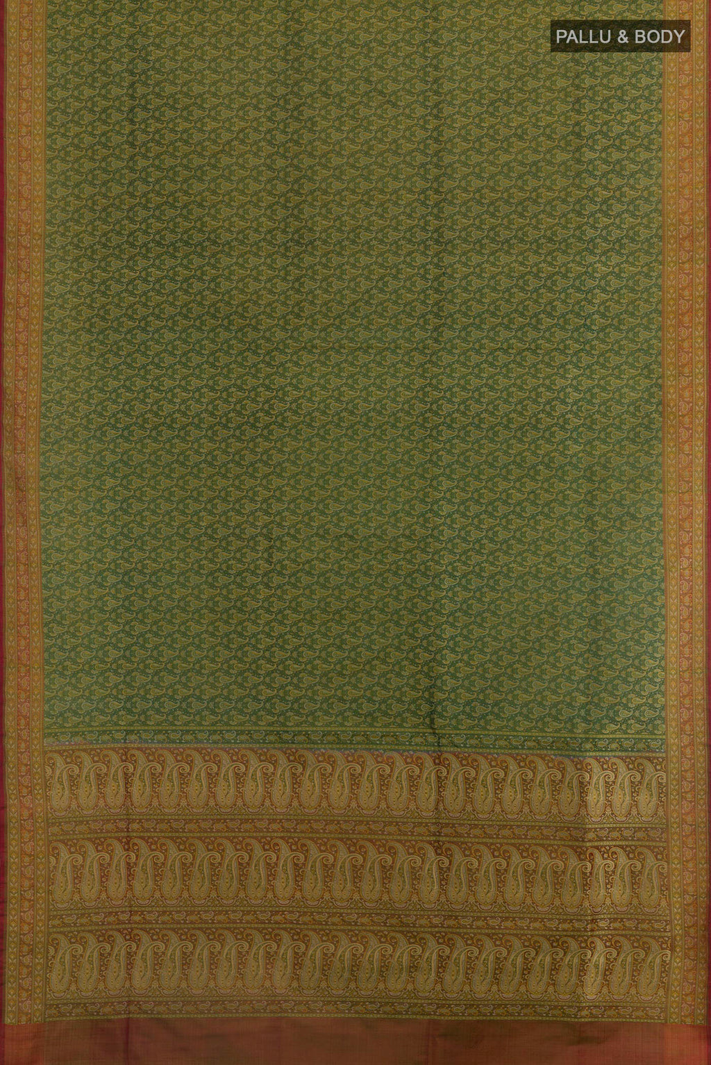Flat view of Green Banarasi Tanchoi Silk Saree with Jacquard design on the body and Thread Border. 