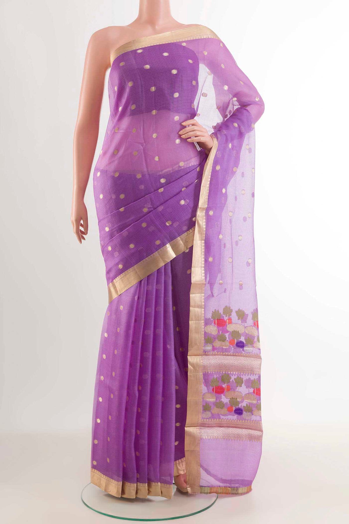 Purple Banarasi Kota Silk Saree with Zari Butta on the body and Zari Border displayed on a mannequin