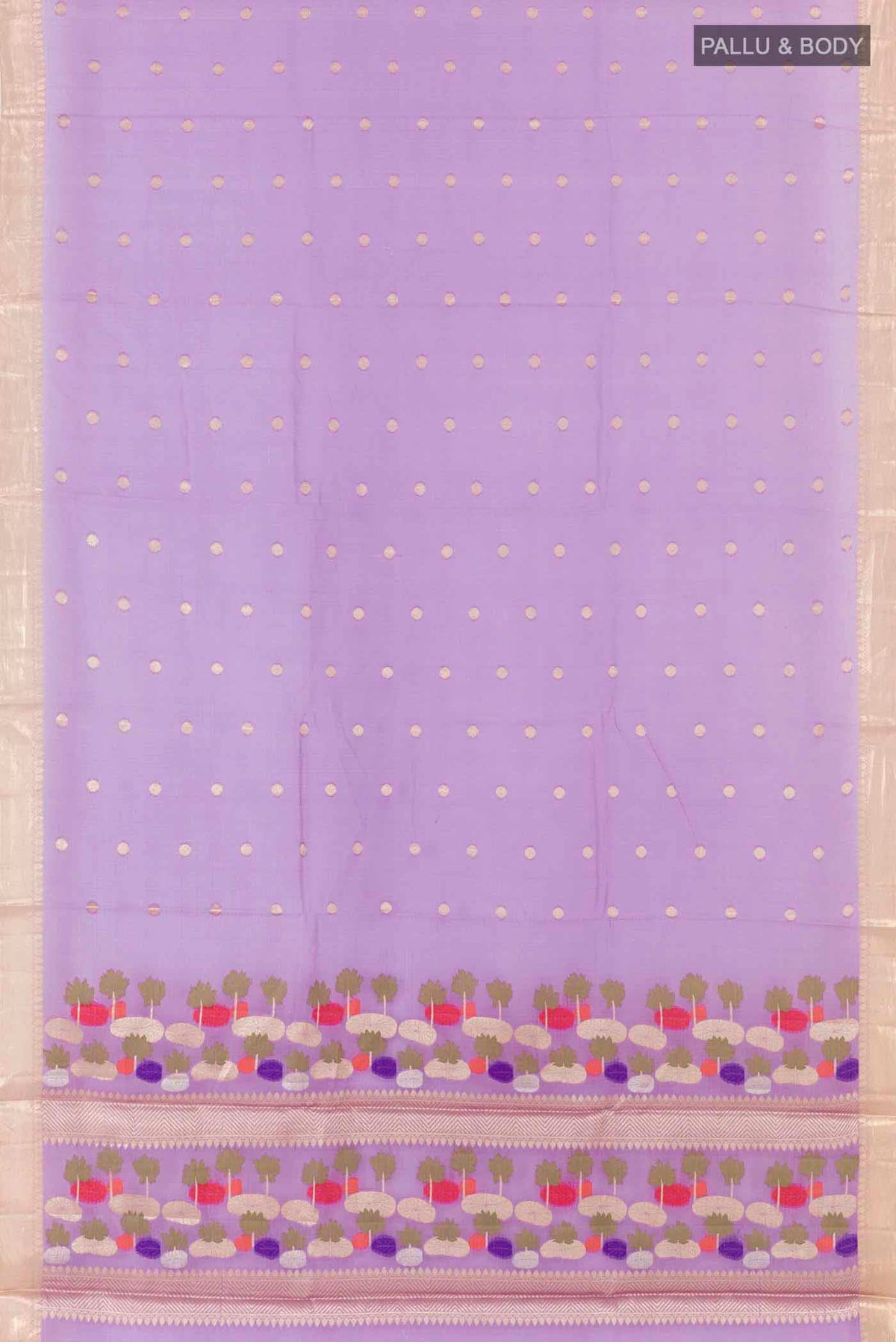Flat view of Purple Banarasi Kota Silk Saree with Zari Butta on the body and Zari Border