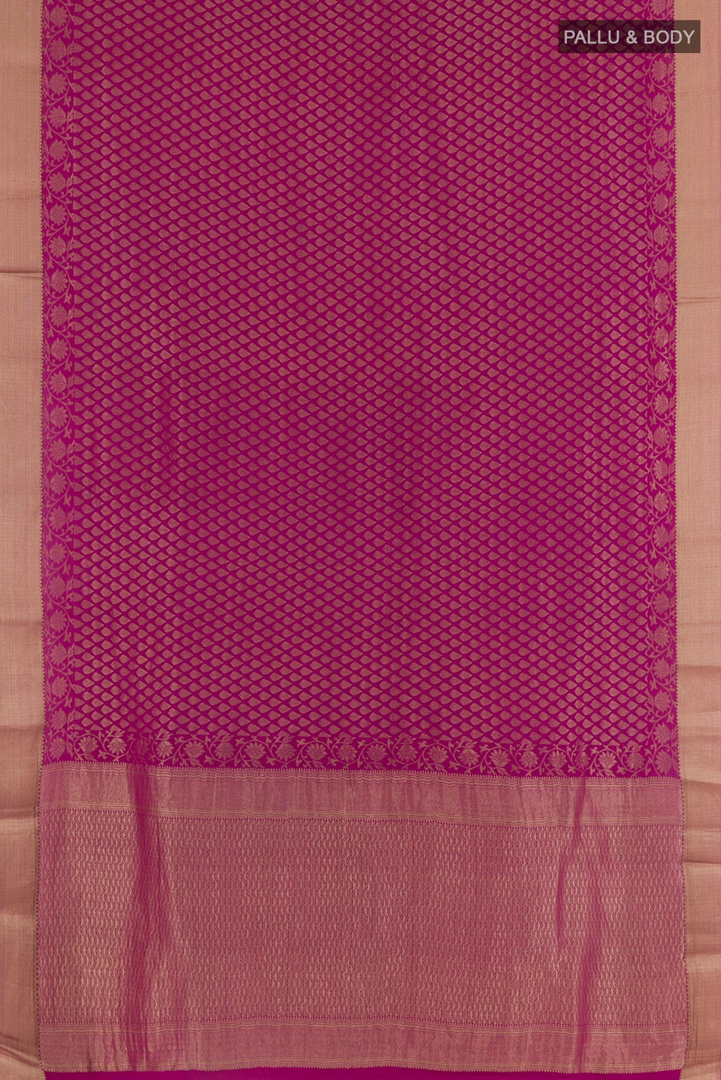 Flat view of Magenta Mysore Crepe Saree with Zari Brocade on the body and Zari Border. 