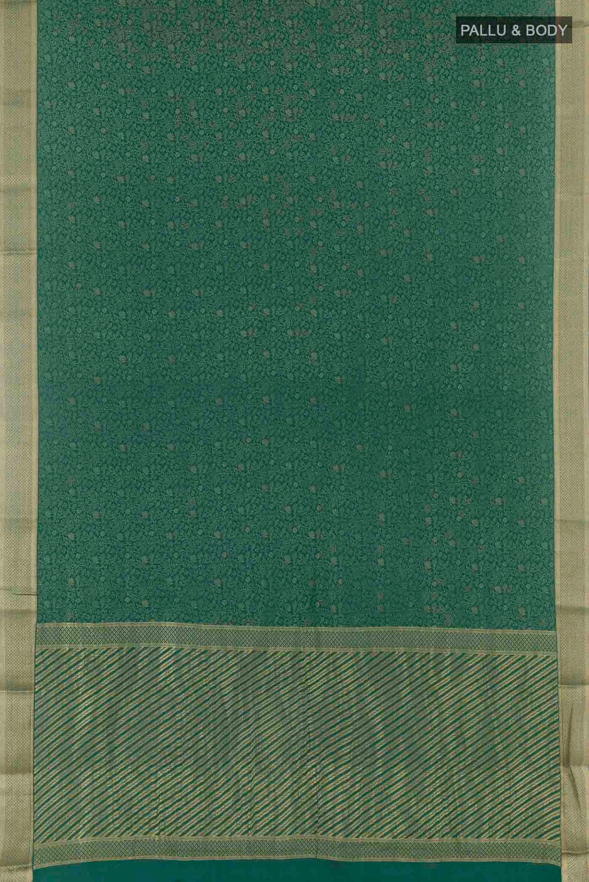 Flat view of Green Mysore Crepe Saree with Zari Brocade on the body and Zari Border