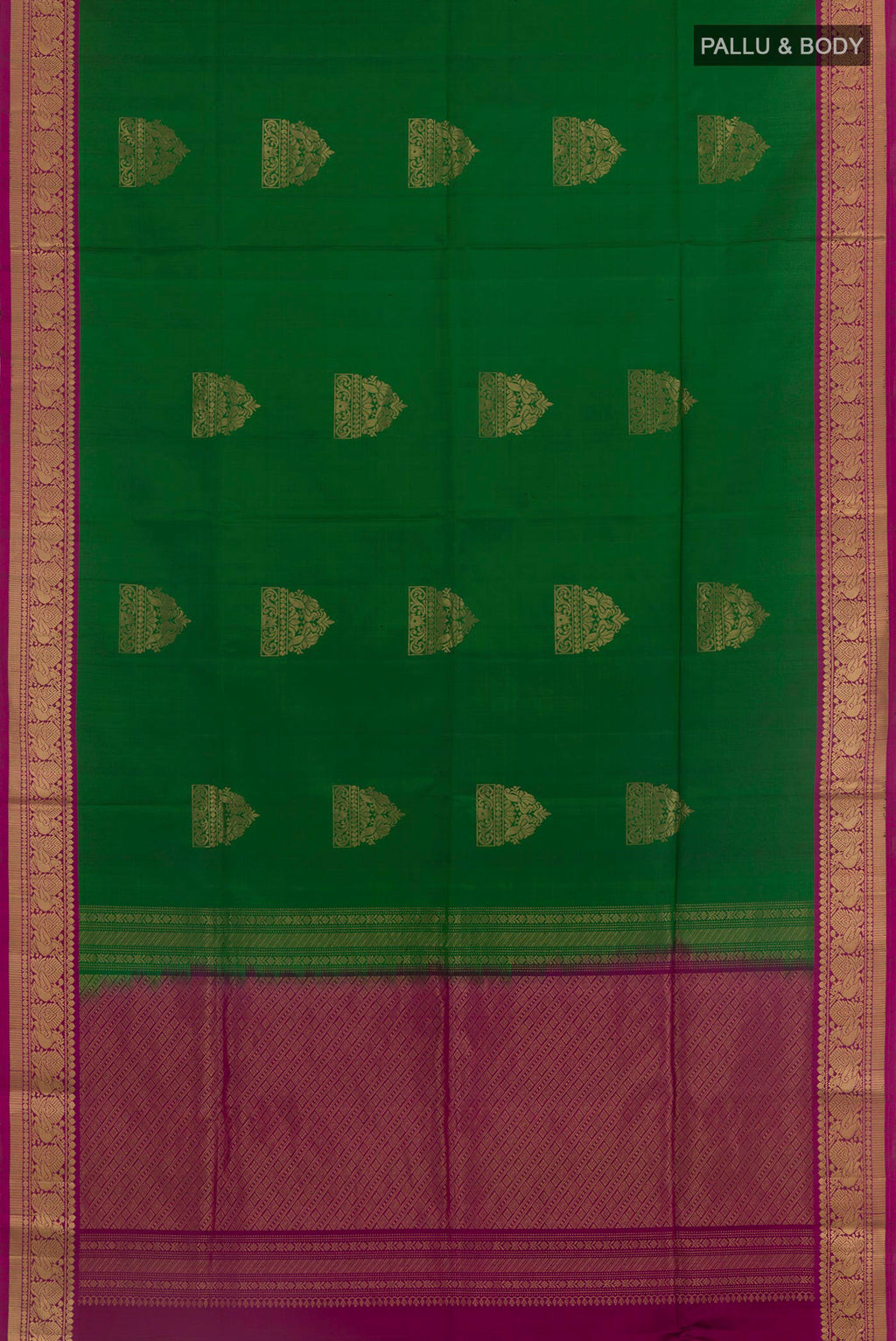 Flat view of Green Soft Silk Saree with Zari Butta on the body and Zari Border. 