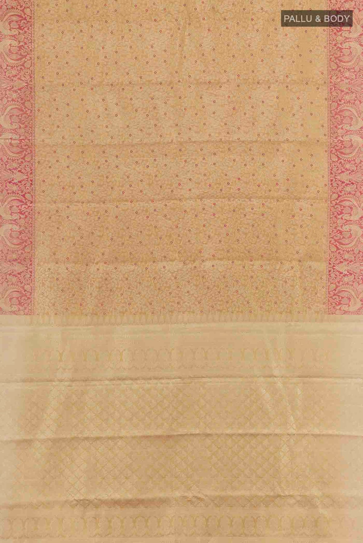 Flat view of Golden Kanchipuram Tissue Silk Saree with Zari Brocade on the body and Zari Border