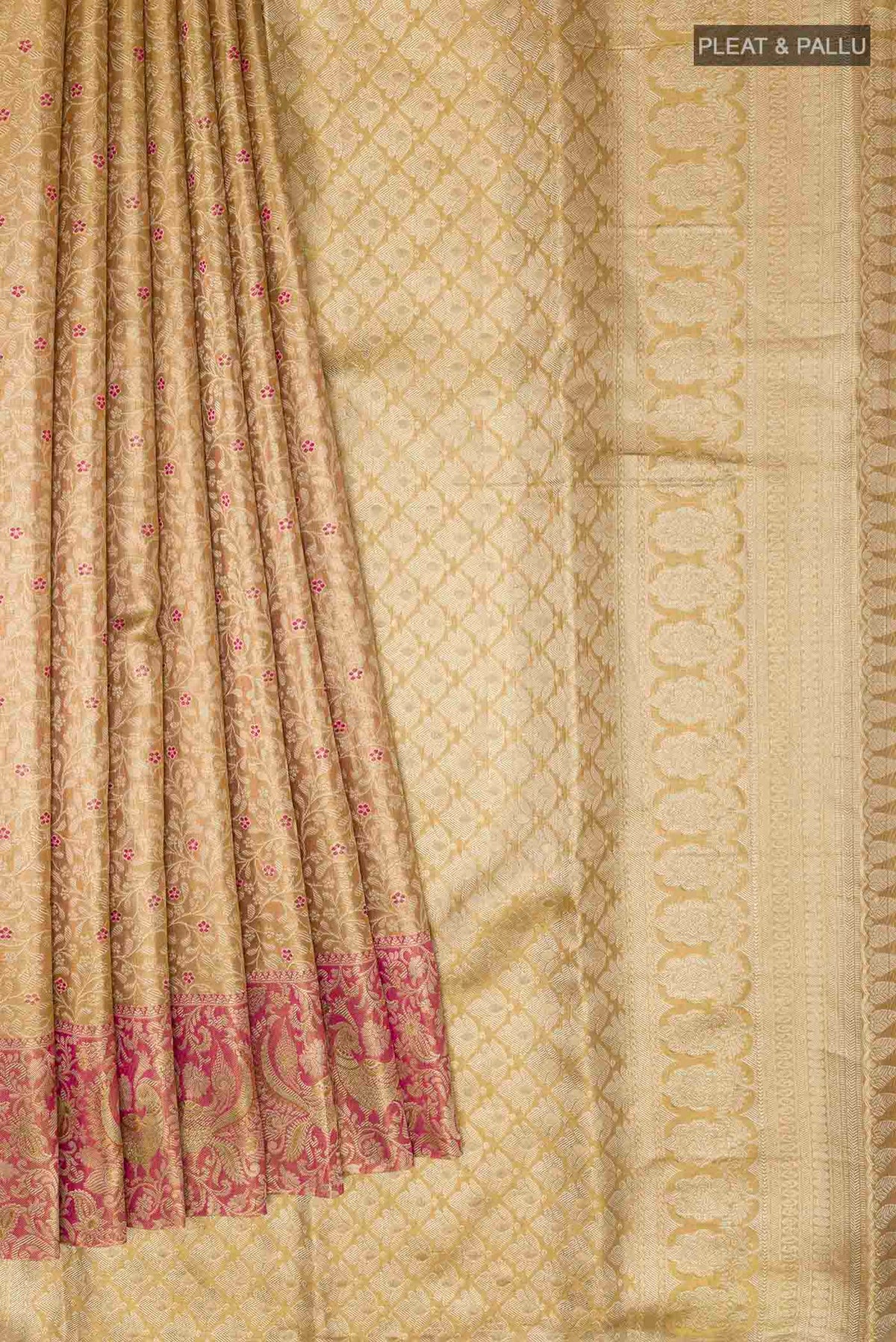 Pleats and pallu of Golden Kanchipuram Tissue Silk Saree with Zari Brocade on the body and Zari Border