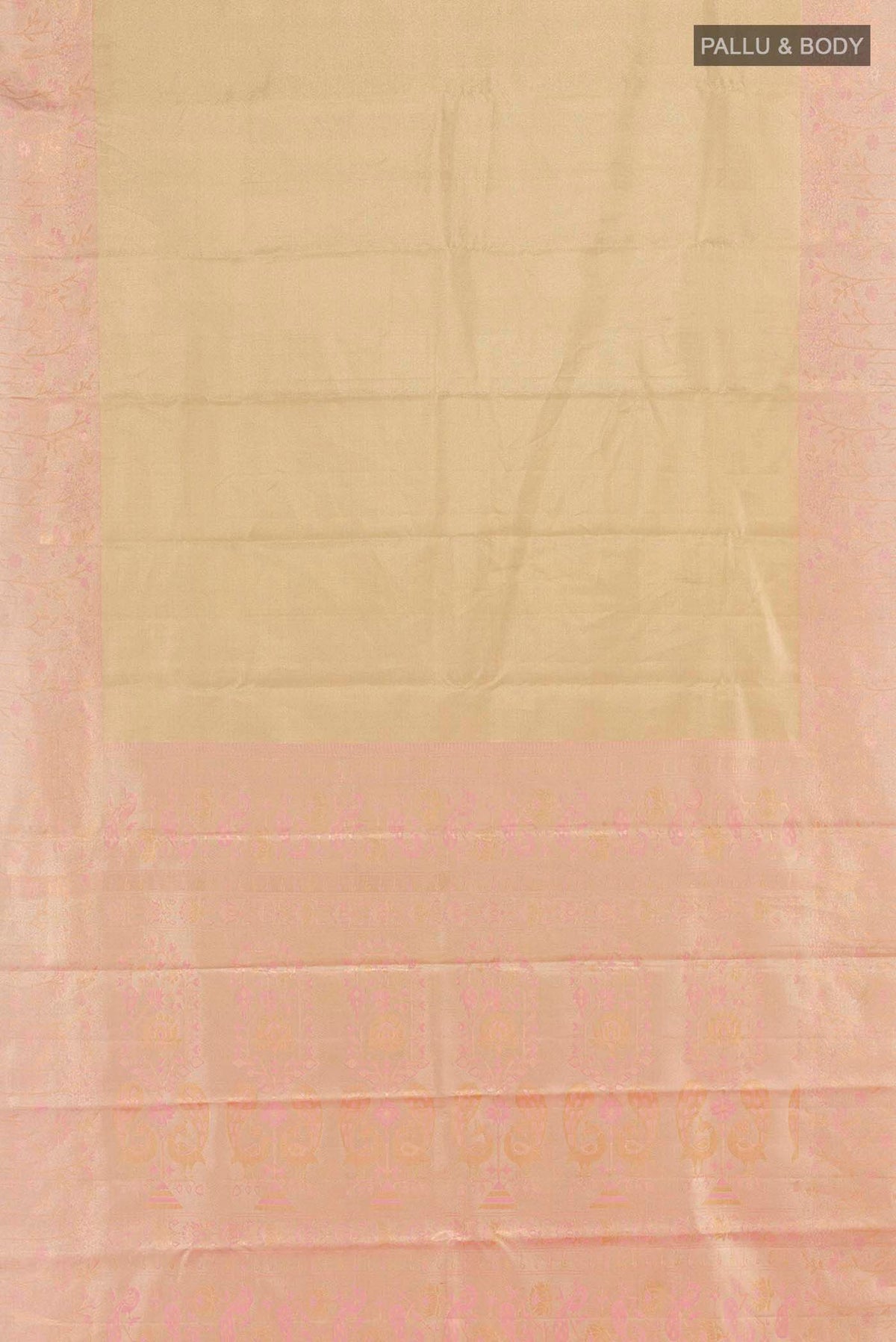 Flat view of Golden Kanchipuram Tissue Silk Saree with Zari Brocade on the body and Zari Border