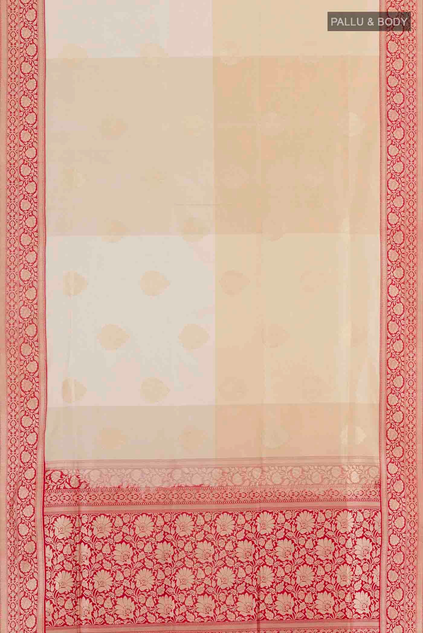 Flat view of Off White Banarasi Silk Saree with Zari Butta on the body and Zari Border