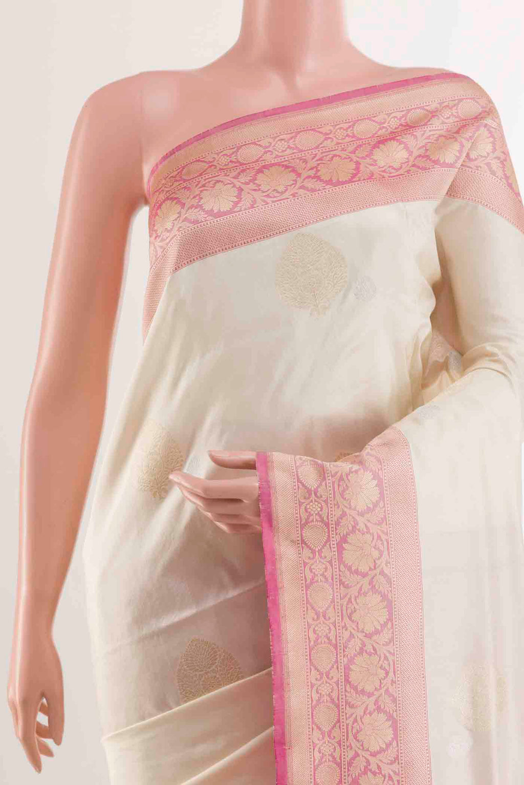 Border image of Off White Banarasi Silk Saree with Half And Half on the body and Zari Border