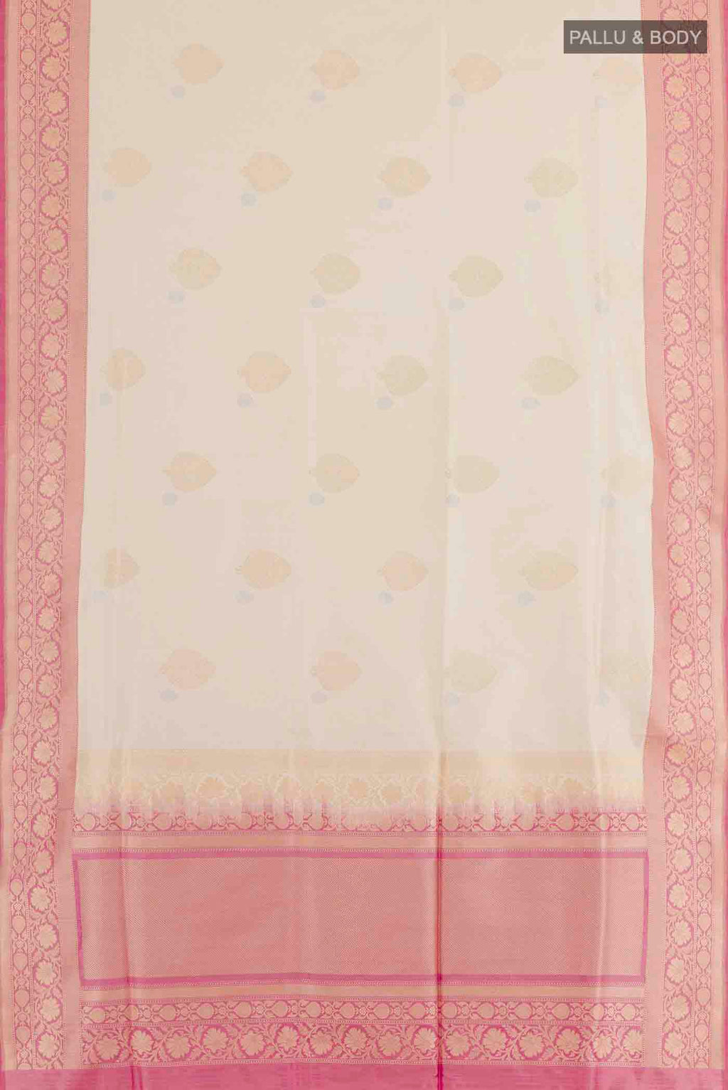 Flat view of Off White Banarasi Silk Saree with Half And Half on the body and Zari Border