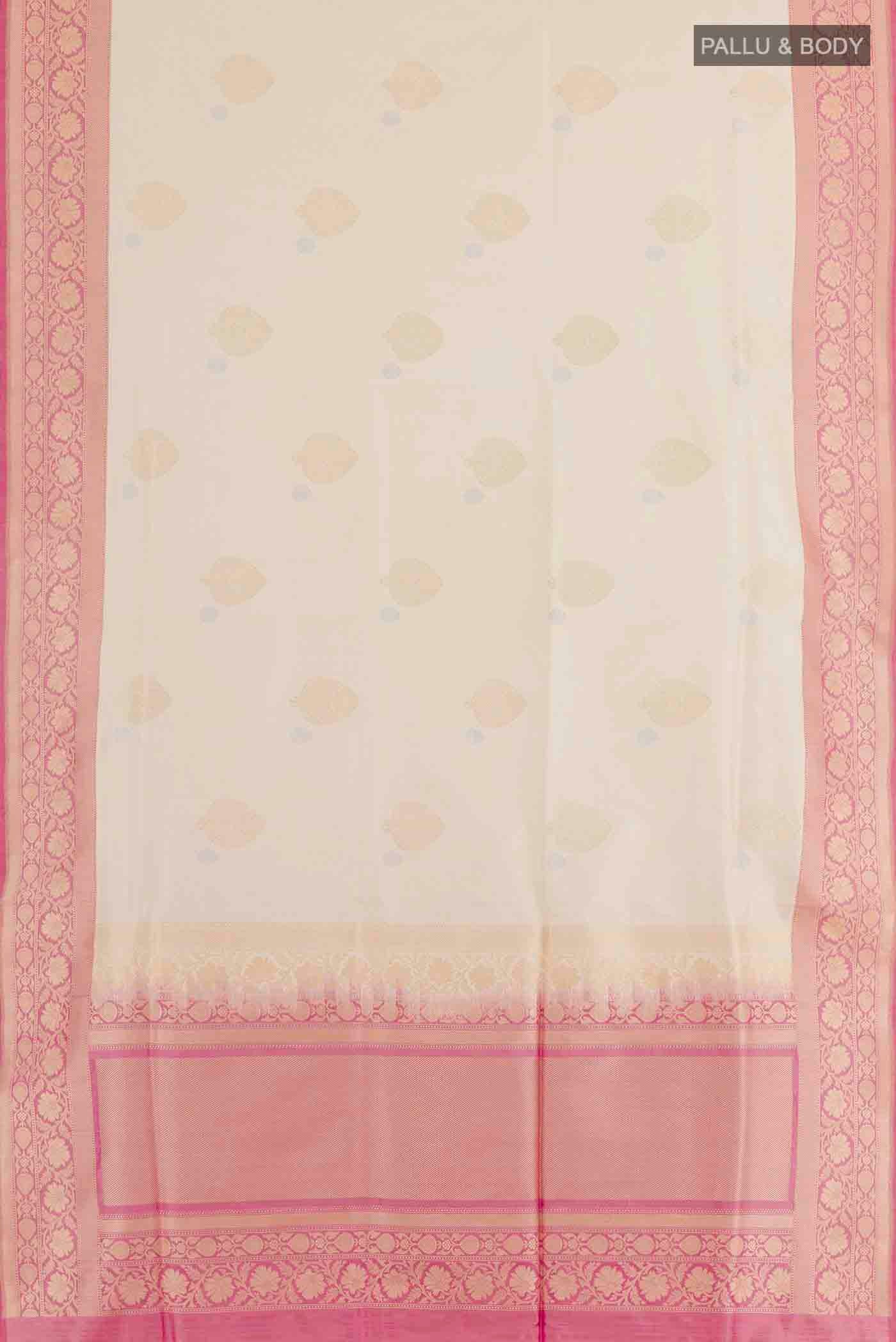 Flat view of Off White Banarasi Silk Saree with Half And Half on the body and Zari Border