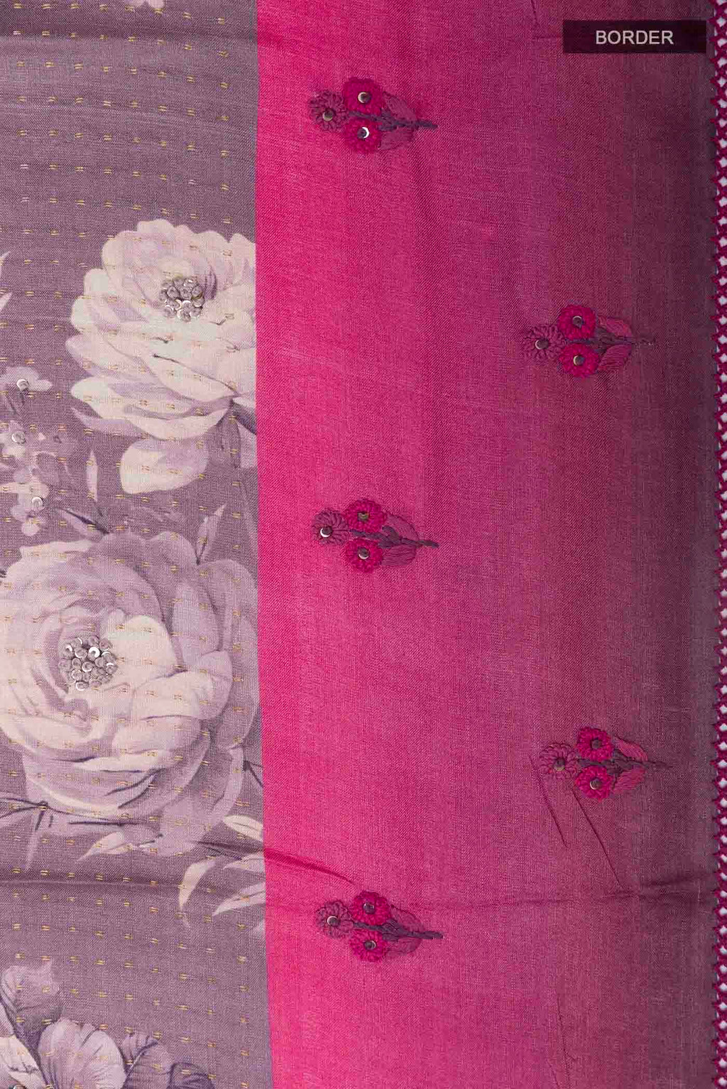 Border image of Lilac Tussar Saree with Printed design on the body and Thread Border
