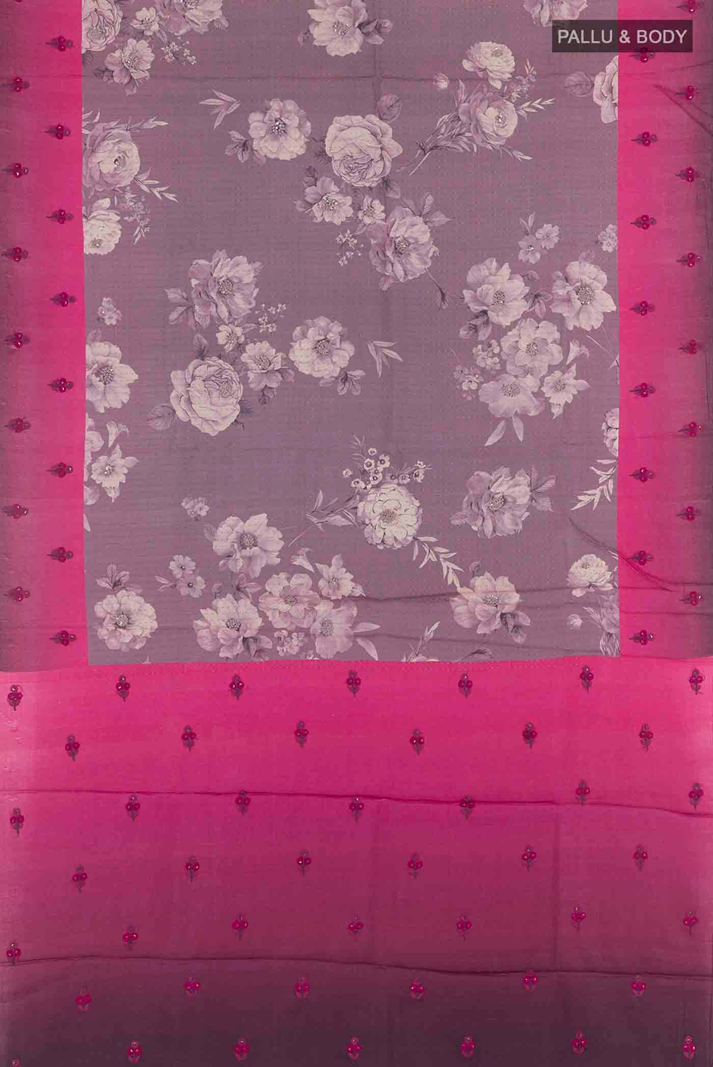 Flat view of Lilac Tussar Saree with Printed design on the body and Thread Border