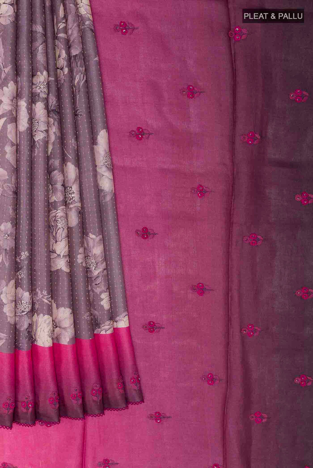 Pleats and pallu of Lilac Tussar Saree with Printed design on the body and Thread Border