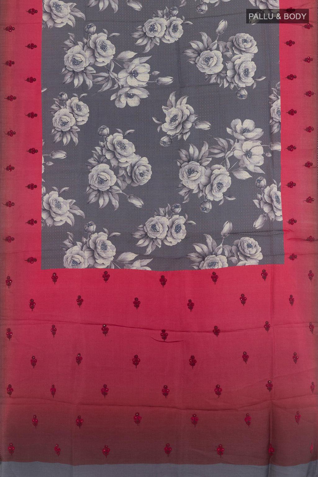 Flat view of Grey Tussar Silk Saree with Printed design on the body and Embroidery Border. 