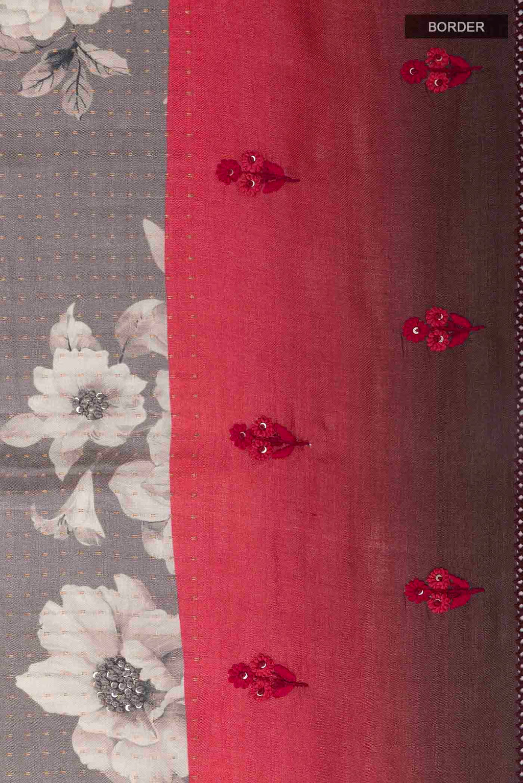 Border image of Grey Tussar Saree with Printed design on the body and Thread Border