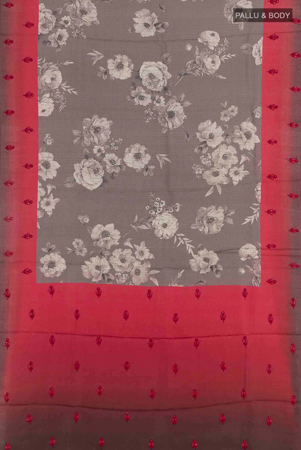 Flat view of Grey Tussar Saree with Printed design on the body and Thread Border