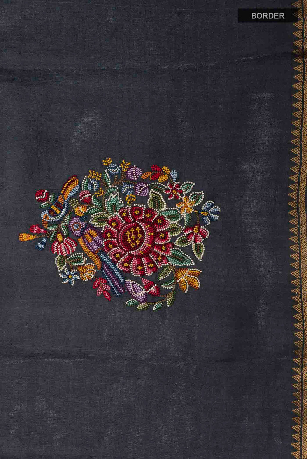 Border image of Black Tussar Saree with Thread Butta on the body and Zari Border