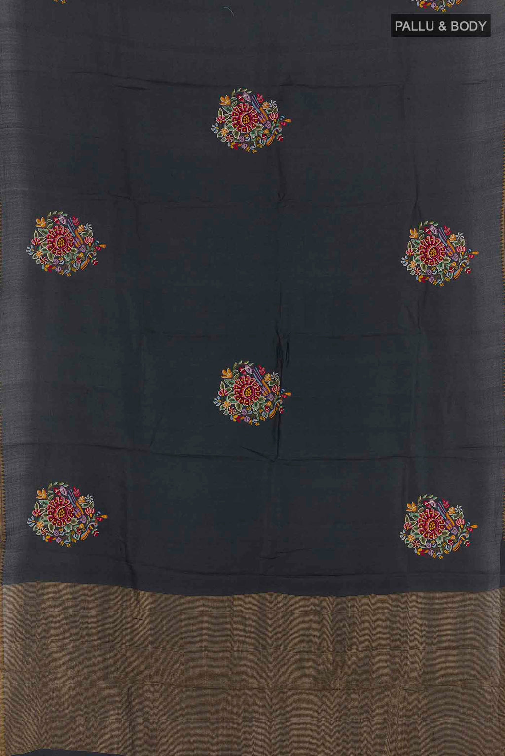 Flat view of Black Tussar Saree with Thread Butta on the body and Zari Border