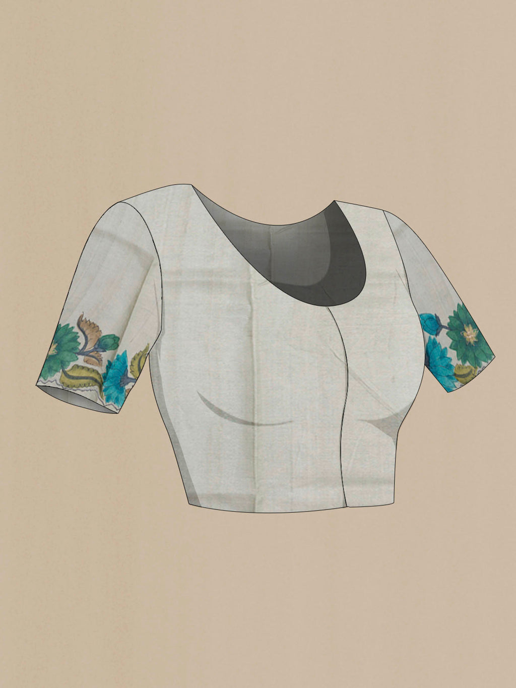 Close up image of the blouse of Grey Tussar Saree with Thread Butta on the body and Printed Border
