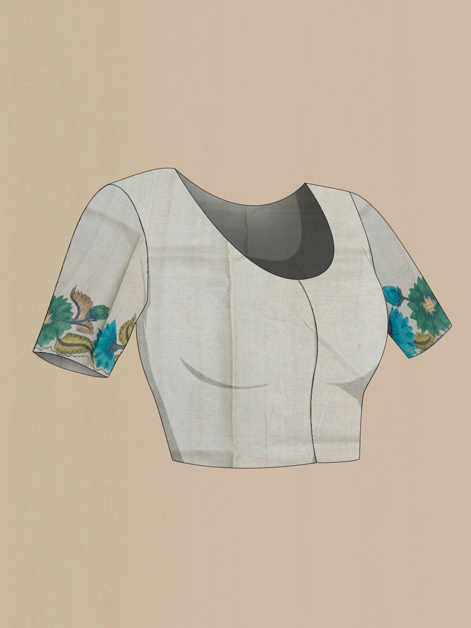 Close up image of the blouse of Grey Tussar Saree with Thread Butta on the body and Printed Border