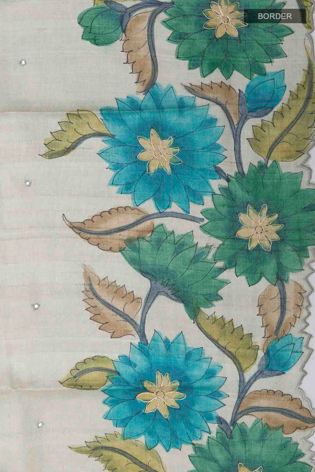 Border image of Grey Tussar Saree with Thread Butta on the body and Printed Border
