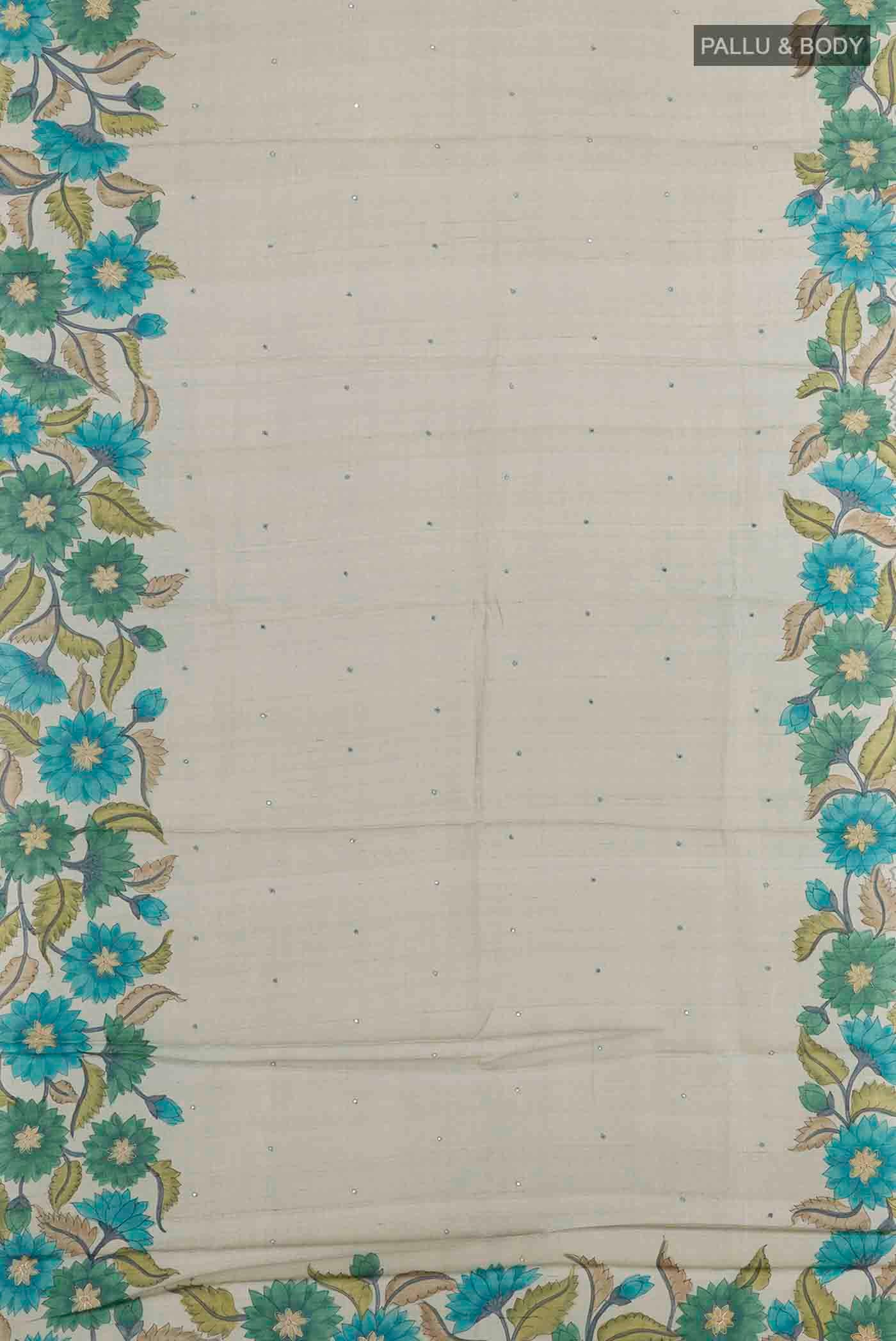 Flat view of Grey Tussar Saree with Thread Butta on the body and Printed Border