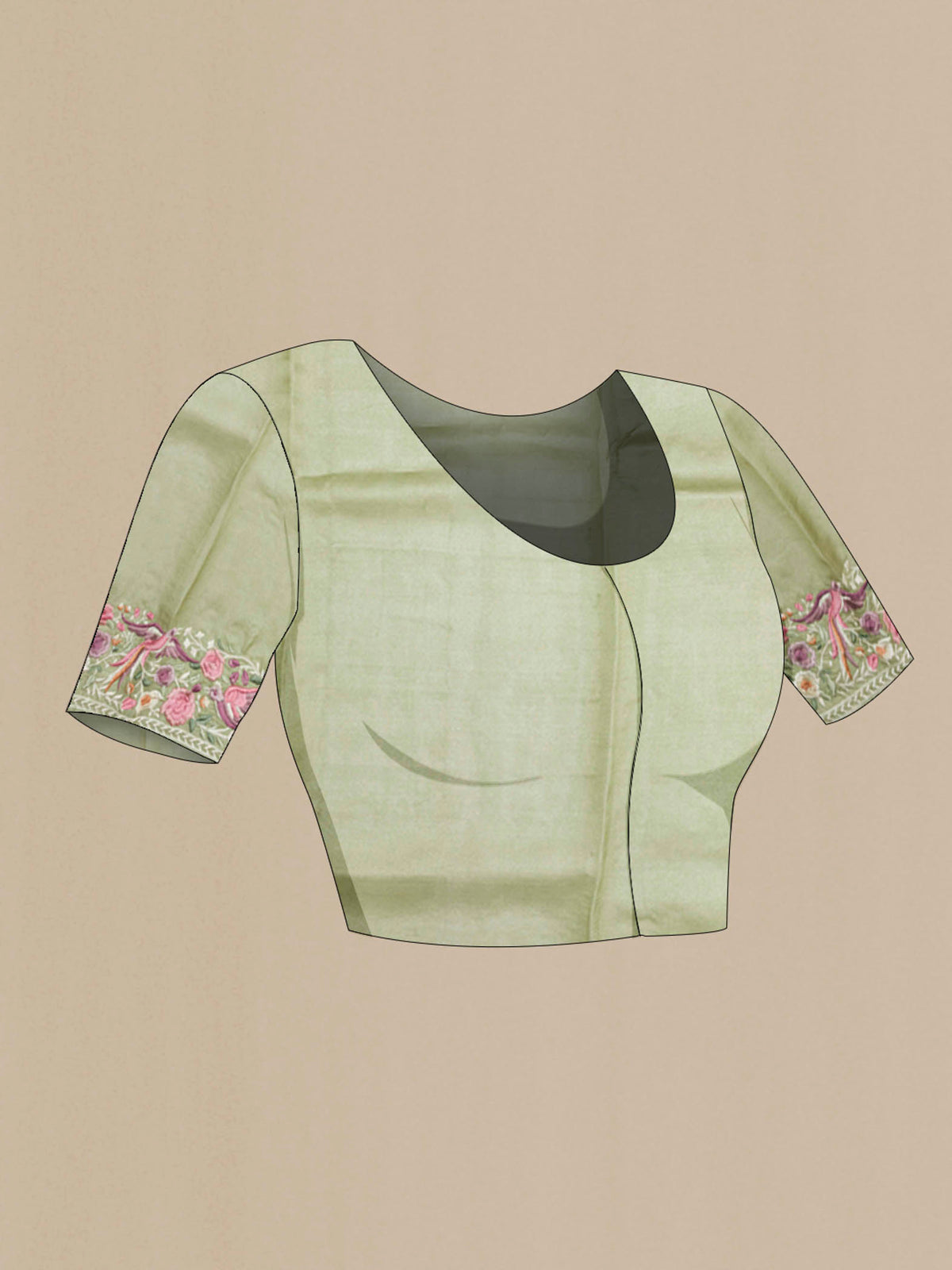 Close up image of the blouse of Sage Green Tussar Saree with Thread Butta on the body and Embroidery Border