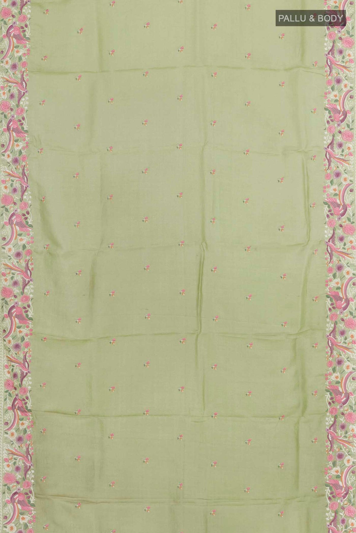 Flat view of Sage Green Tussar Saree with Thread Butta on the body and Embroidery Border