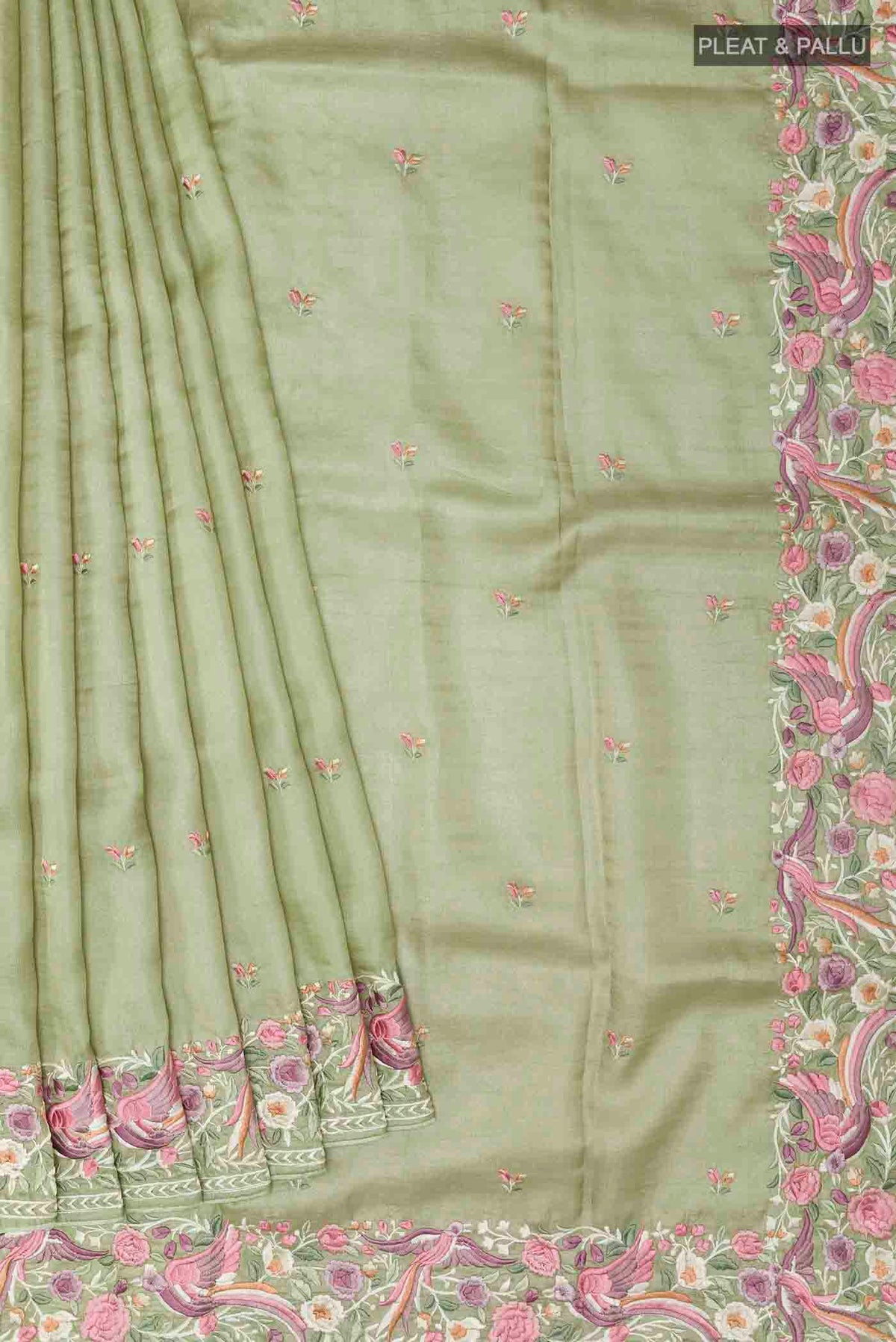 Pleats and pallu of Sage Green Tussar Saree with Thread Butta on the body and Embroidery Border