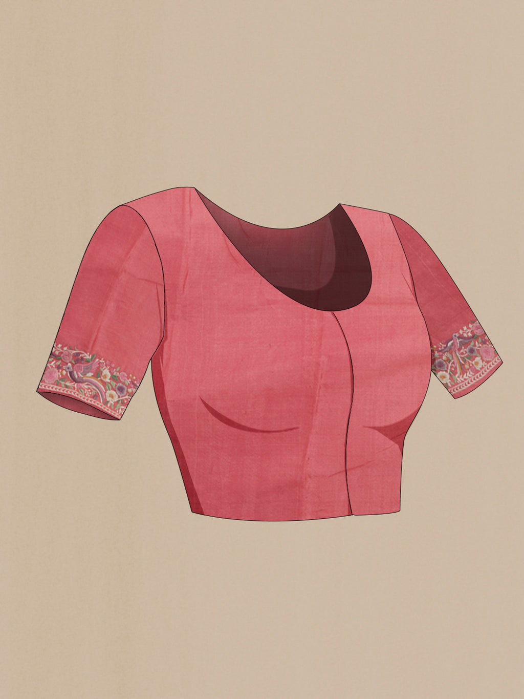 Close up image of the blouse of Coral Tussar Silk Saree with Embroidery on the body and Embroidery Border. 