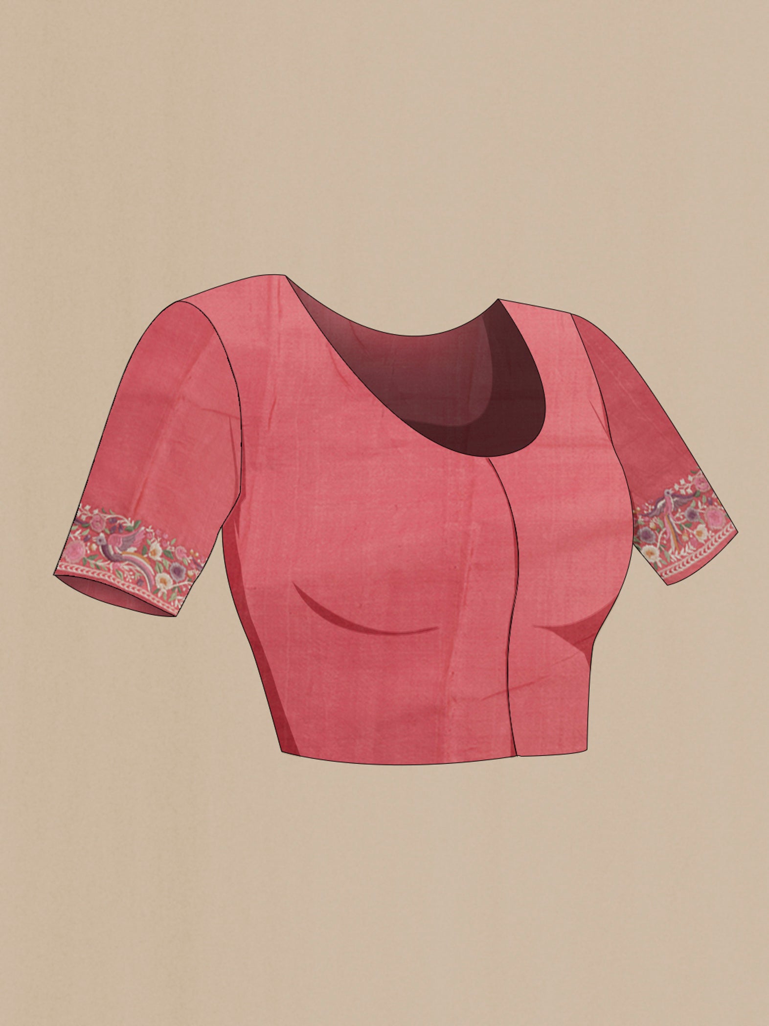 Close up image of the blouse of Coral Tussar Silk Saree with Embroidery on the body and Embroidery Border. 