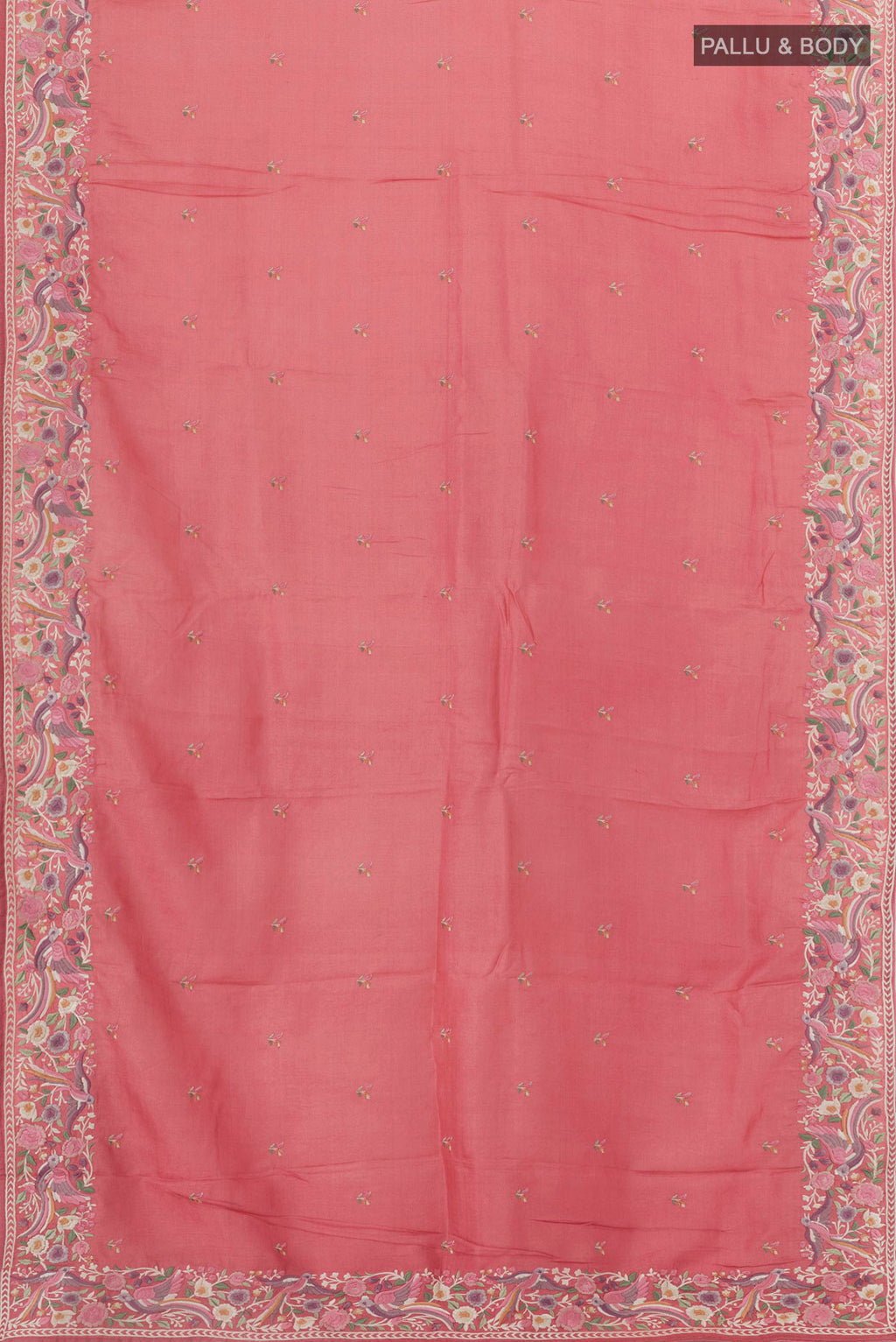 Flat view of Coral Tussar Silk Saree with Embroidery on the body and Embroidery Border. 