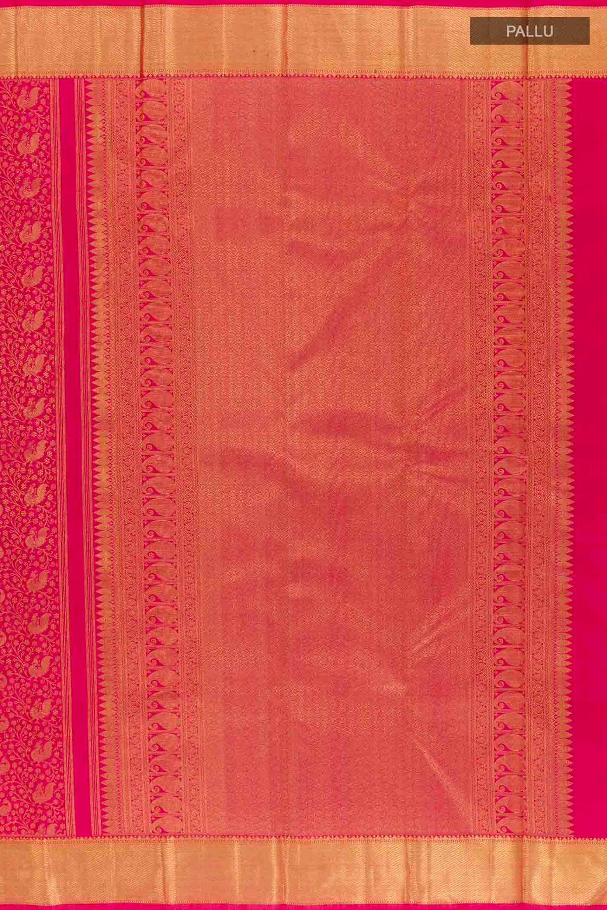 Close up image of the pallu of Pure Silk Pure Zari Pink Kanchipuram Saree with Zari Brocade on the body and Zari Border