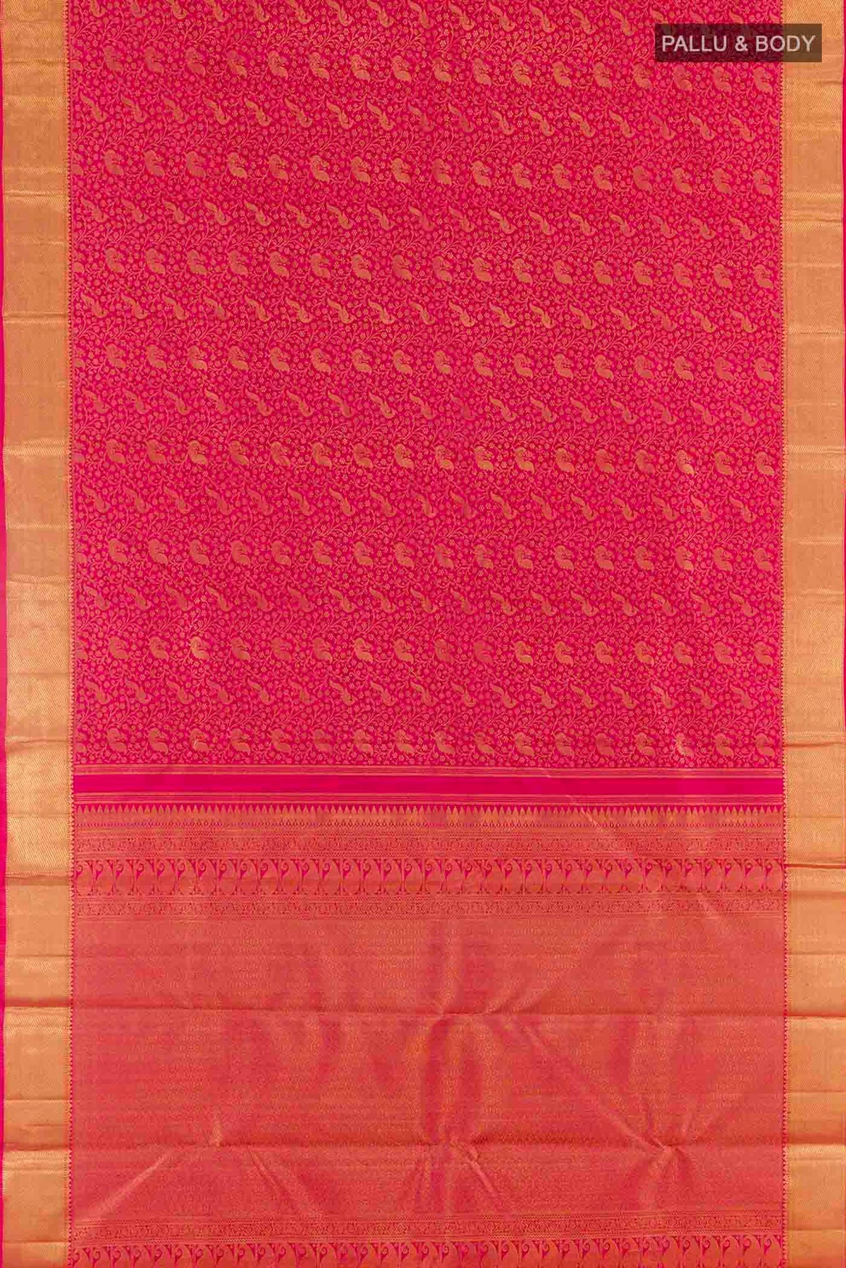 Flat view of Pure Silk Pure Zari Pink Kanchipuram Saree with Zari Brocade on the body and Zari Border